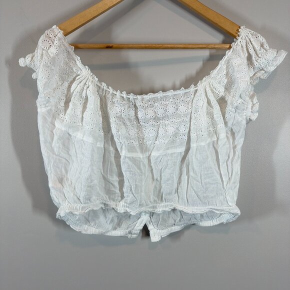 Free People White Eyelet Crop Top Small Ruffled Feminine Button Front Tie Light - Picture 7 of 7